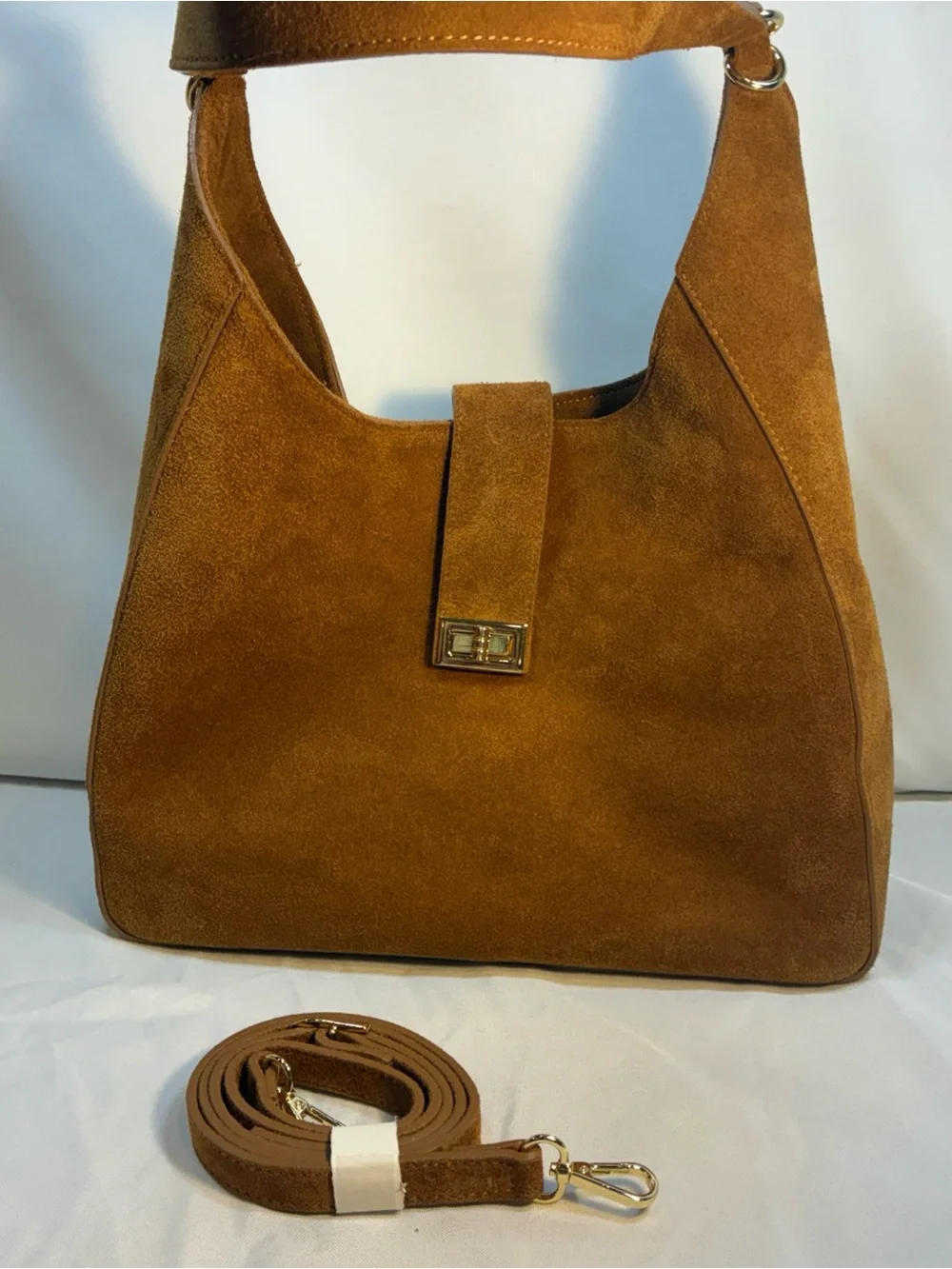 Italian Genuine Suede Leather Hobo Bag Tan Camel Shoulder Crossbody Handbag